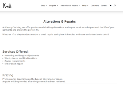 Kmorg Clothing website - Alterations & Repairs page